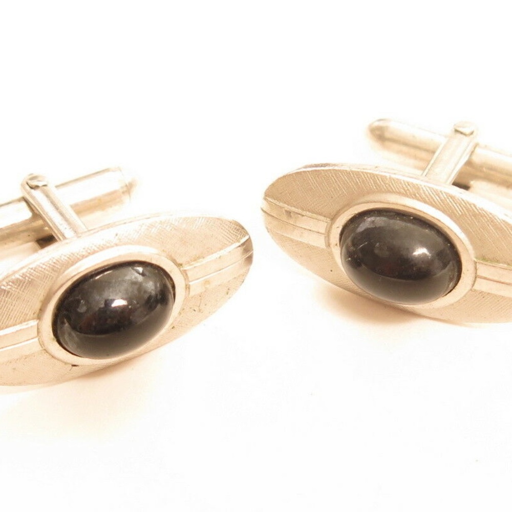 Vintage Swank Mens Silver Tone Black Cabochon Oval Cufflinks Mid‎ Century Modern